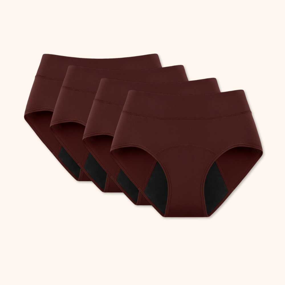 Four dark brown high-rise underwear briefs with dark inner panels