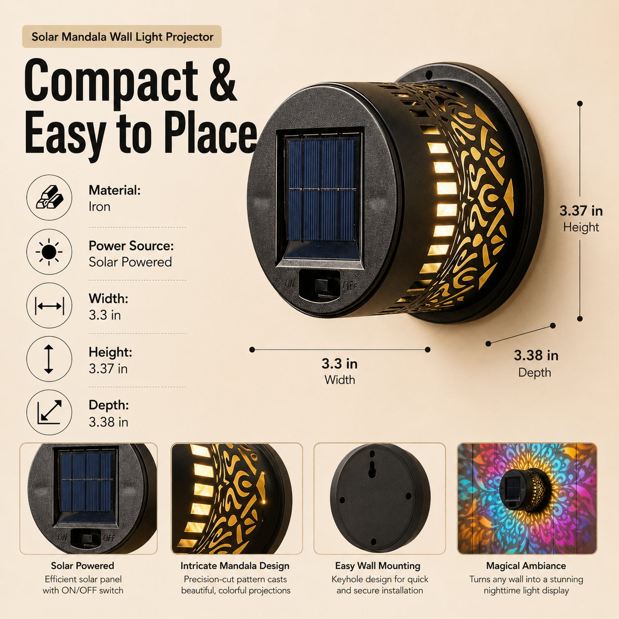 Solar Mandala Wall Light Outdoor Projector Lamp