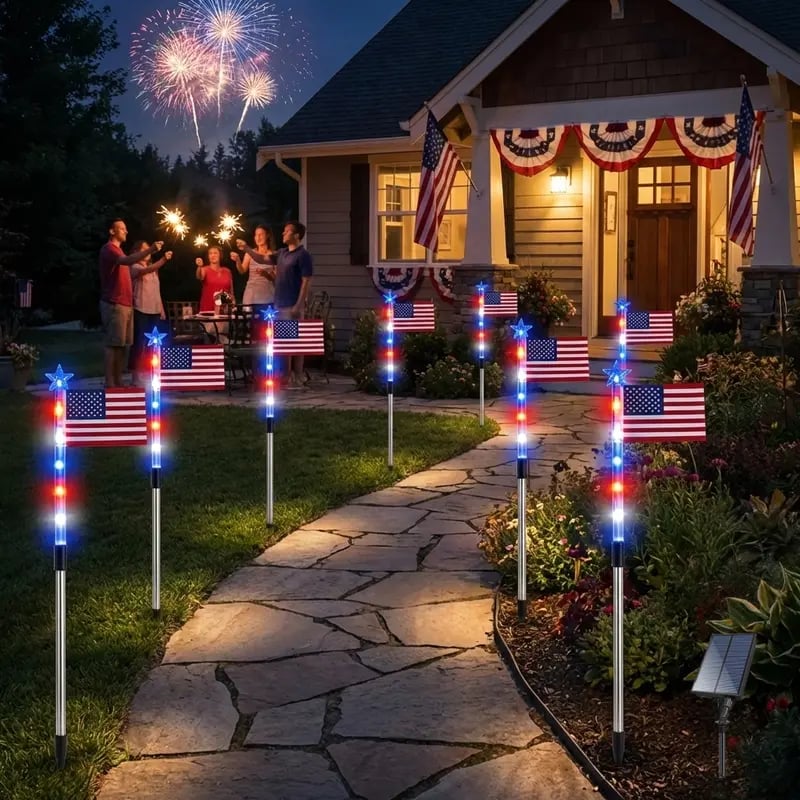 Solar American Flag Pathway Lights – Red, White & Blue Outdoor Garden Stake Lights (Set of 8)