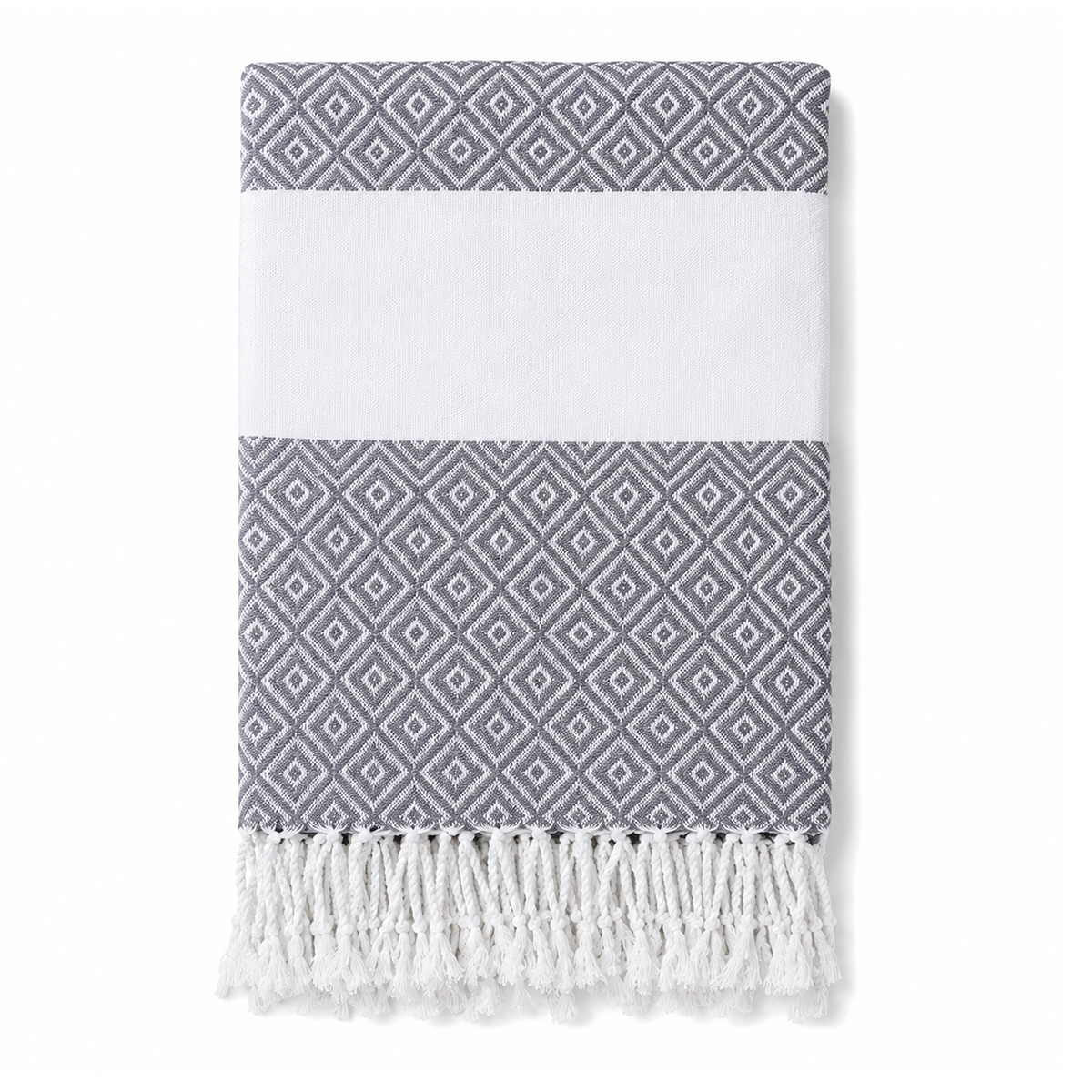 Folded gray geometric stripe towel with white tassels