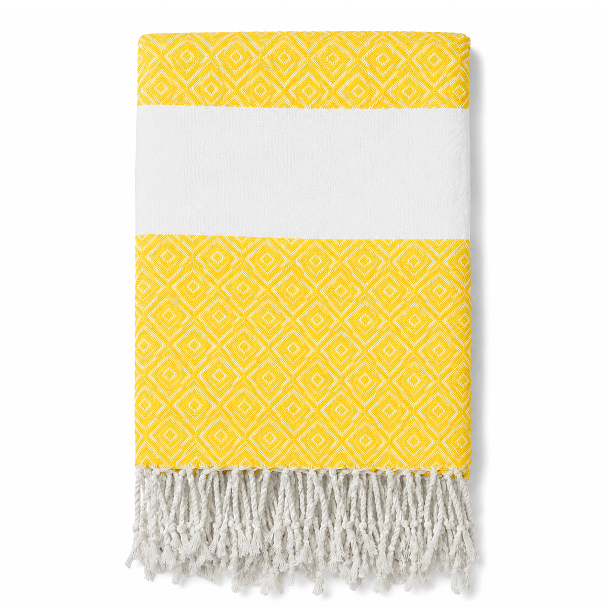 Folded yellow geometric stripe towel with white tassels
