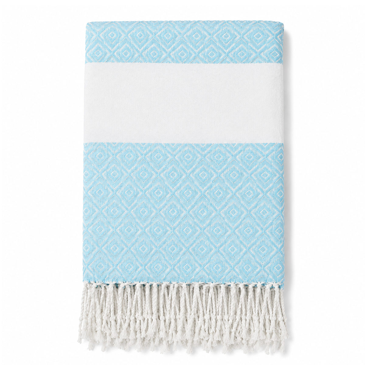 Folded pale blue geometric stripe towel with white tassels