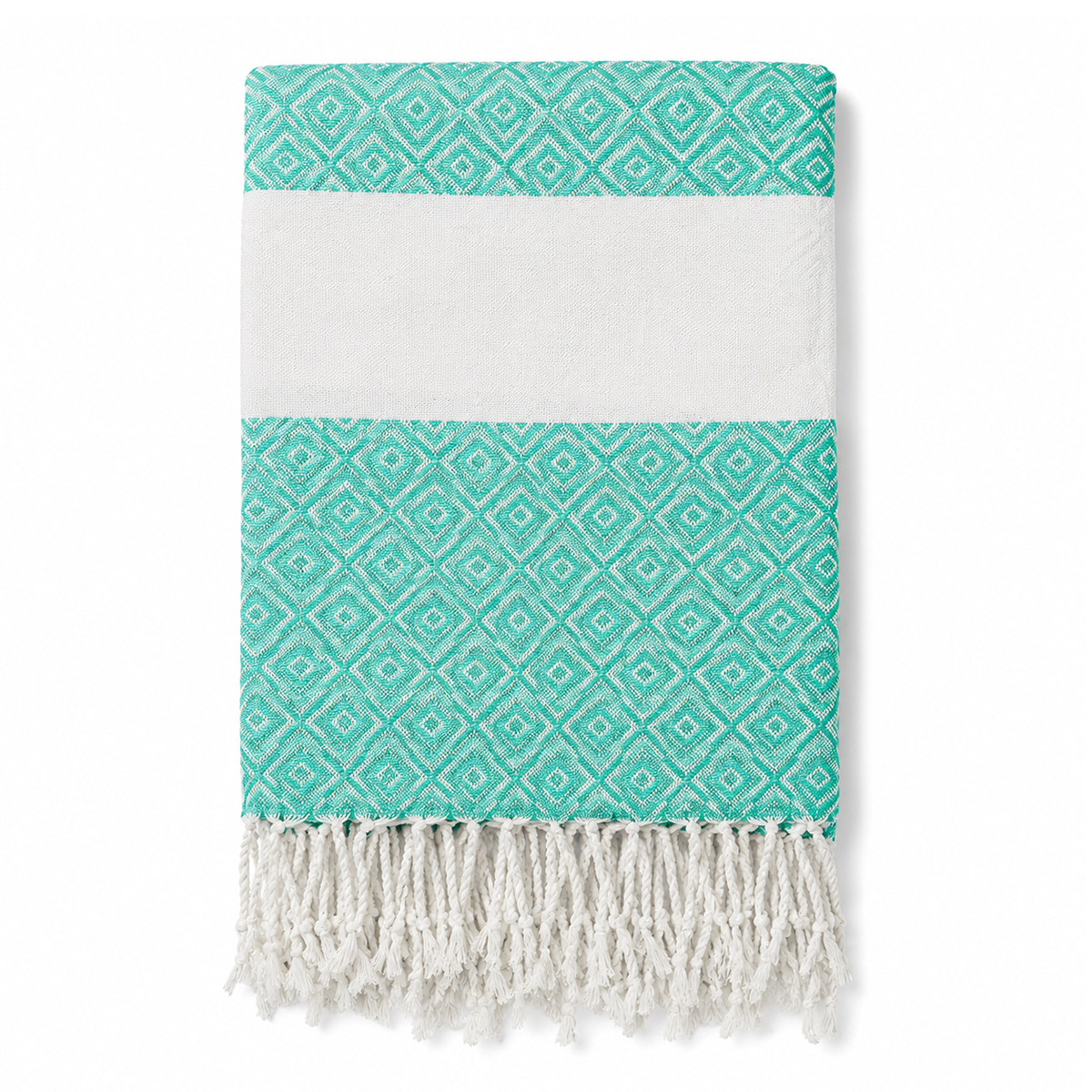 Folded turquoise geometric stripe towel with white tassels