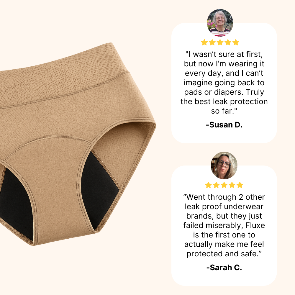 Close-up of beige high-rise brief beside two customer quote panels