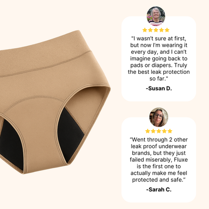 Close-up of beige high-rise brief beside two customer quote panels