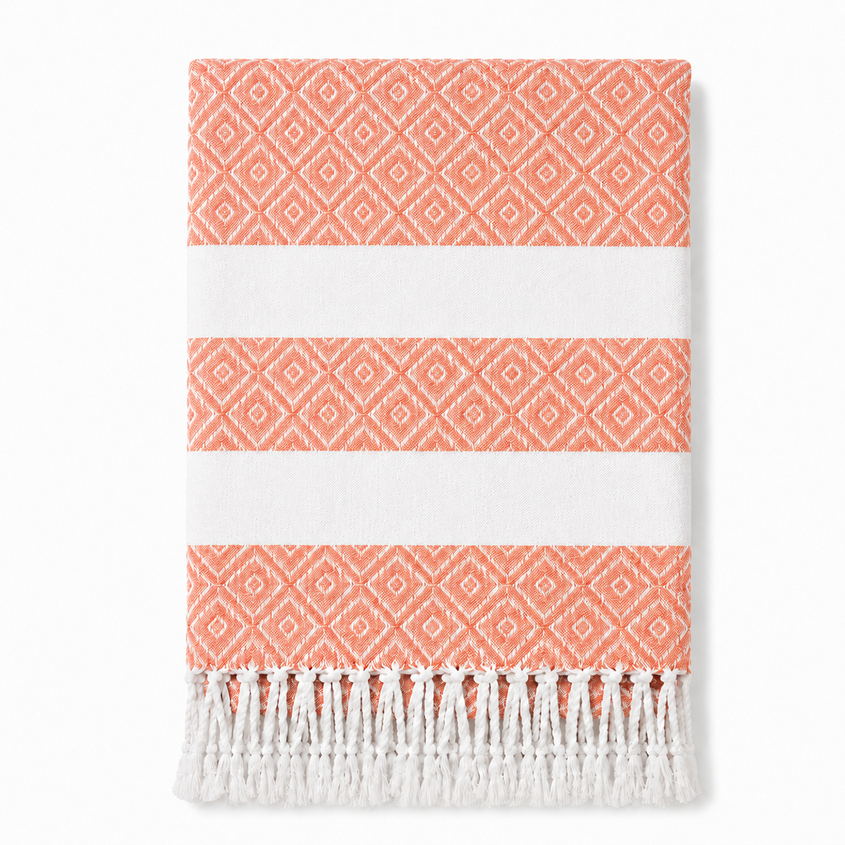 Folded coral geometric stripe towel with white tassels