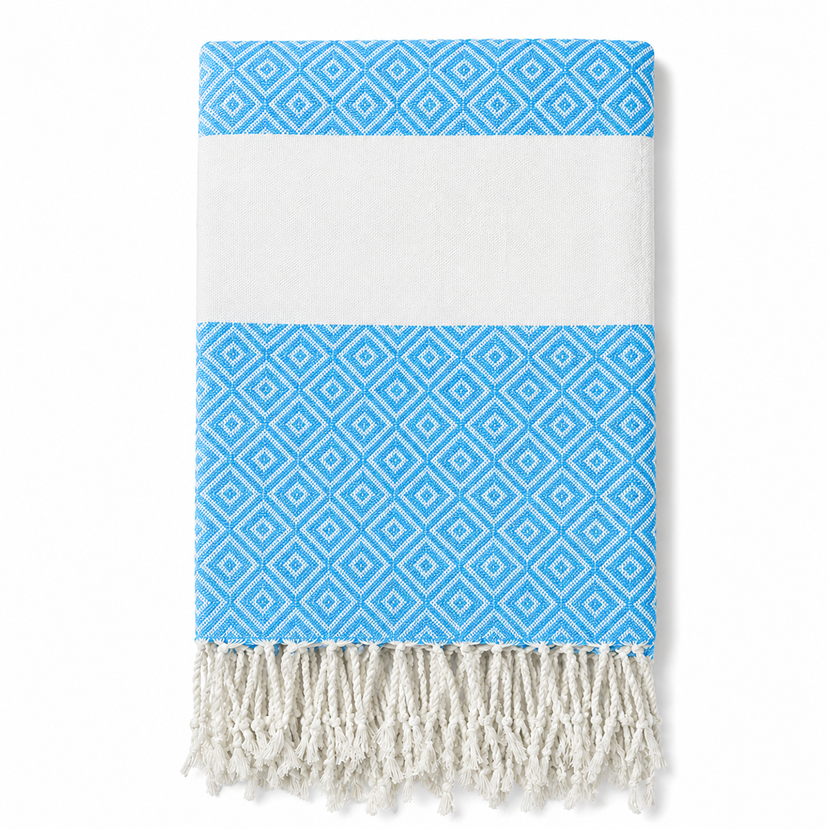 Folded sky blue geometric stripe towel with white tassels
