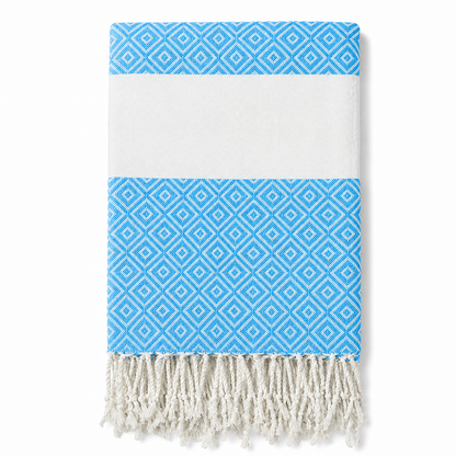 Folded sky blue geometric stripe towel with white tassels