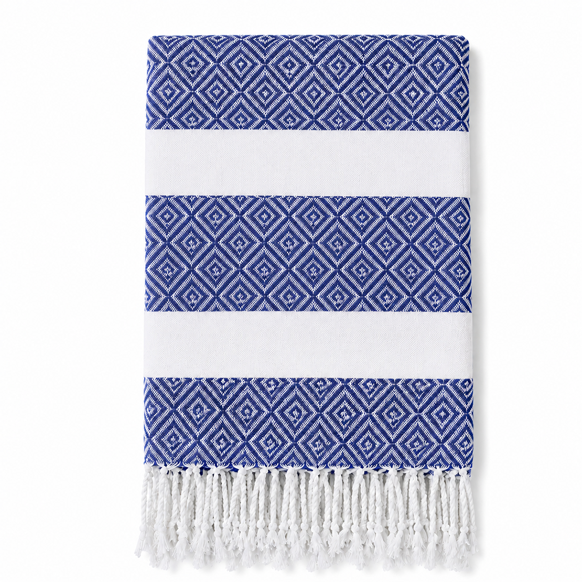 Folded dark blue geometric stripe towel with white tassels