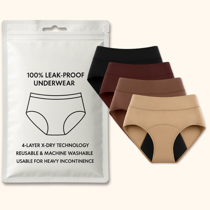 Retail pouch beside four high-rise underwear briefs in neutral colors