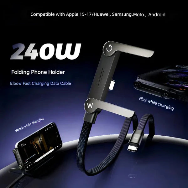 240W Braided Fast Charging Cable with Built-in Phone Stand – USB-C Compatible