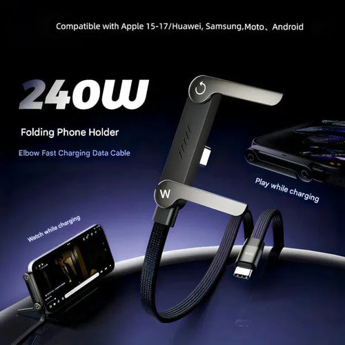 240W Braided Fast Charging Cable with Built-in Phone Stand – USB-C Compatible
