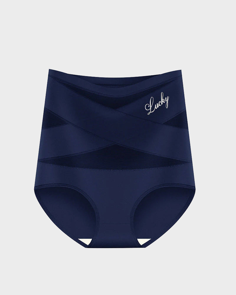 Navy high-waist briefs with cross-front mesh panels