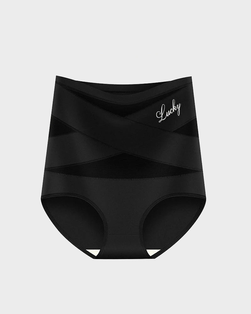 Black high-waist briefs with cross-front mesh panels