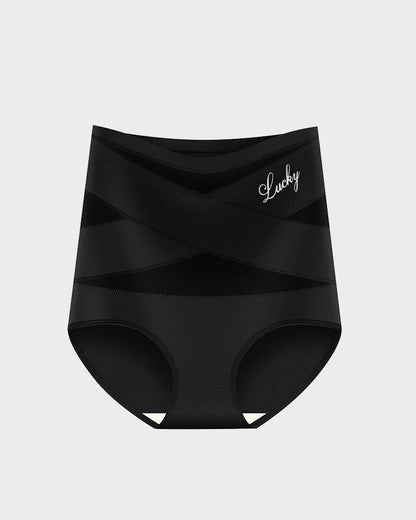Black high-waist briefs with cross-front mesh panels