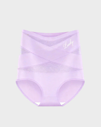 Light purple high-waist briefs with cross-front mesh panels