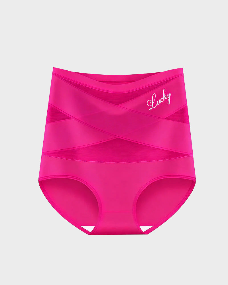 Rose red high-waist briefs with cross-front mesh panels