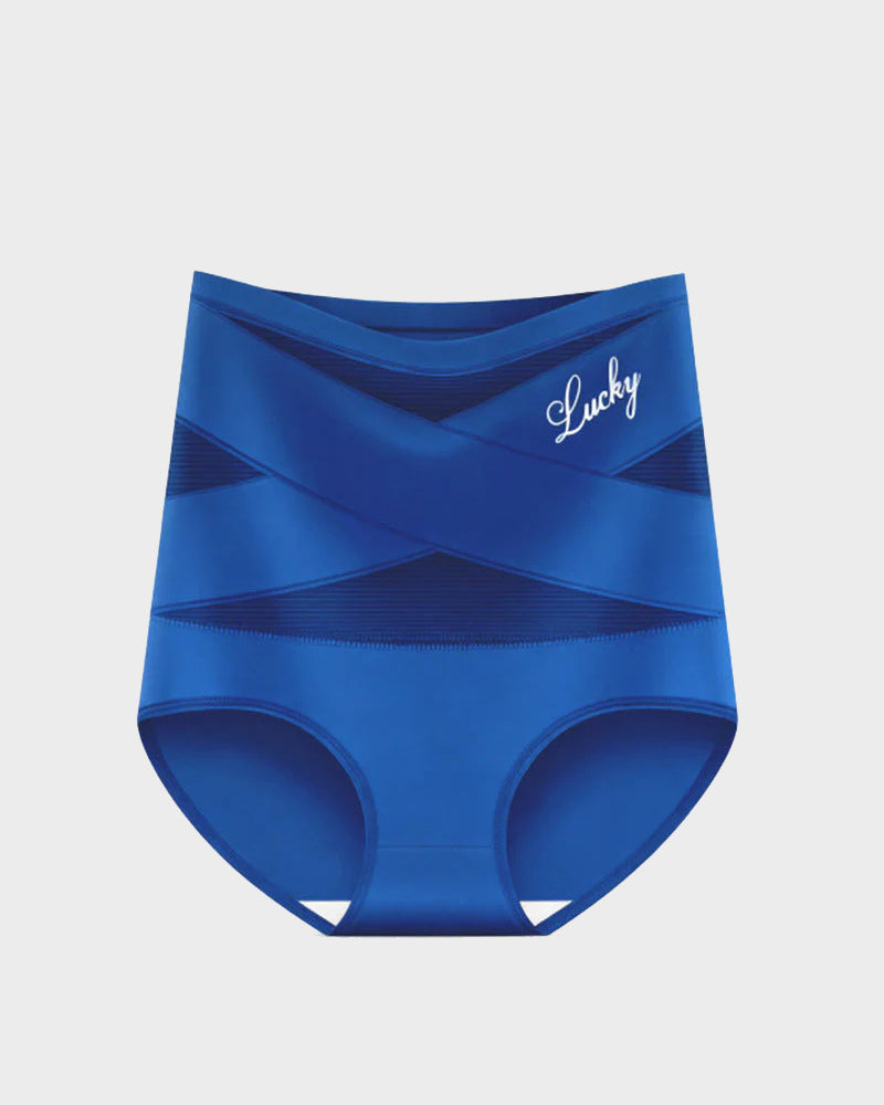 Royal blue high-waist briefs with cross-front mesh panels