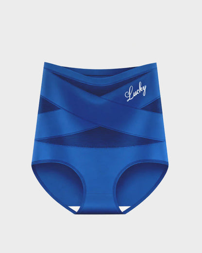 Royal blue high-waist briefs with cross-front mesh panels