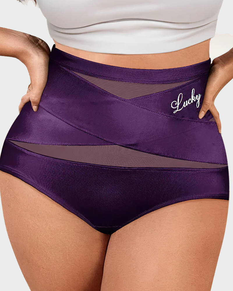 Model wearing dark purple high-waist briefs, front view