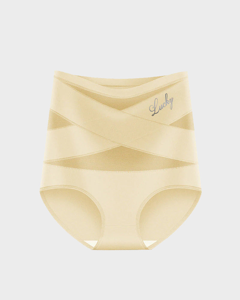 Beige high-waist briefs with cross-front mesh panels