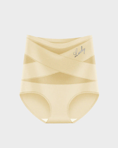 Beige high-waist briefs with cross-front mesh panels