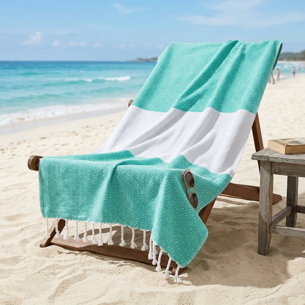 Jade green striped towel draped over a beach chair