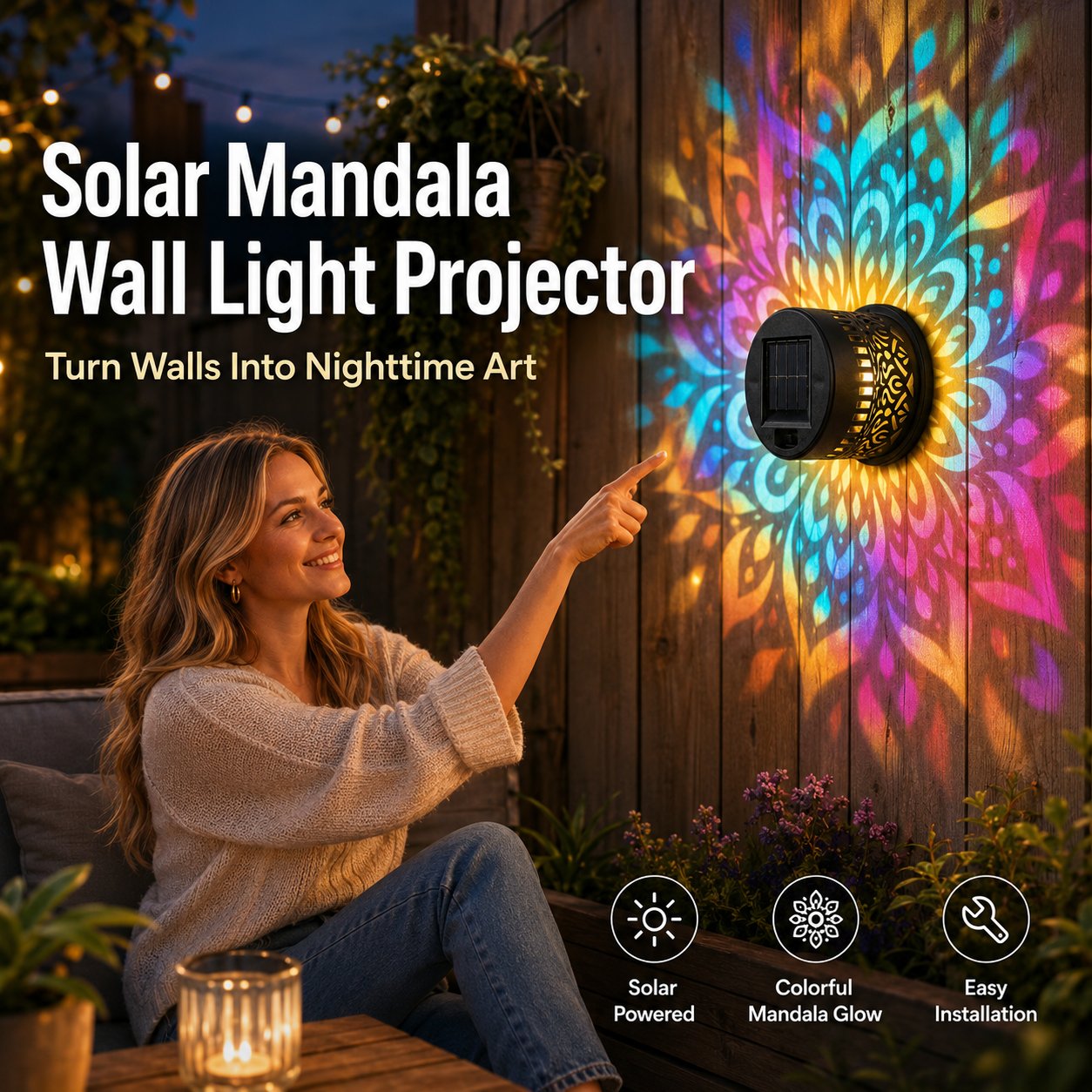 Solar Mandala Wall Light Outdoor Projector Lamp