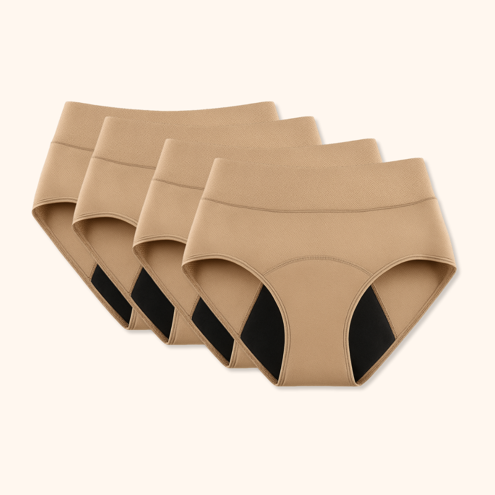 Four beige high-rise underwear briefs with dark inner panels