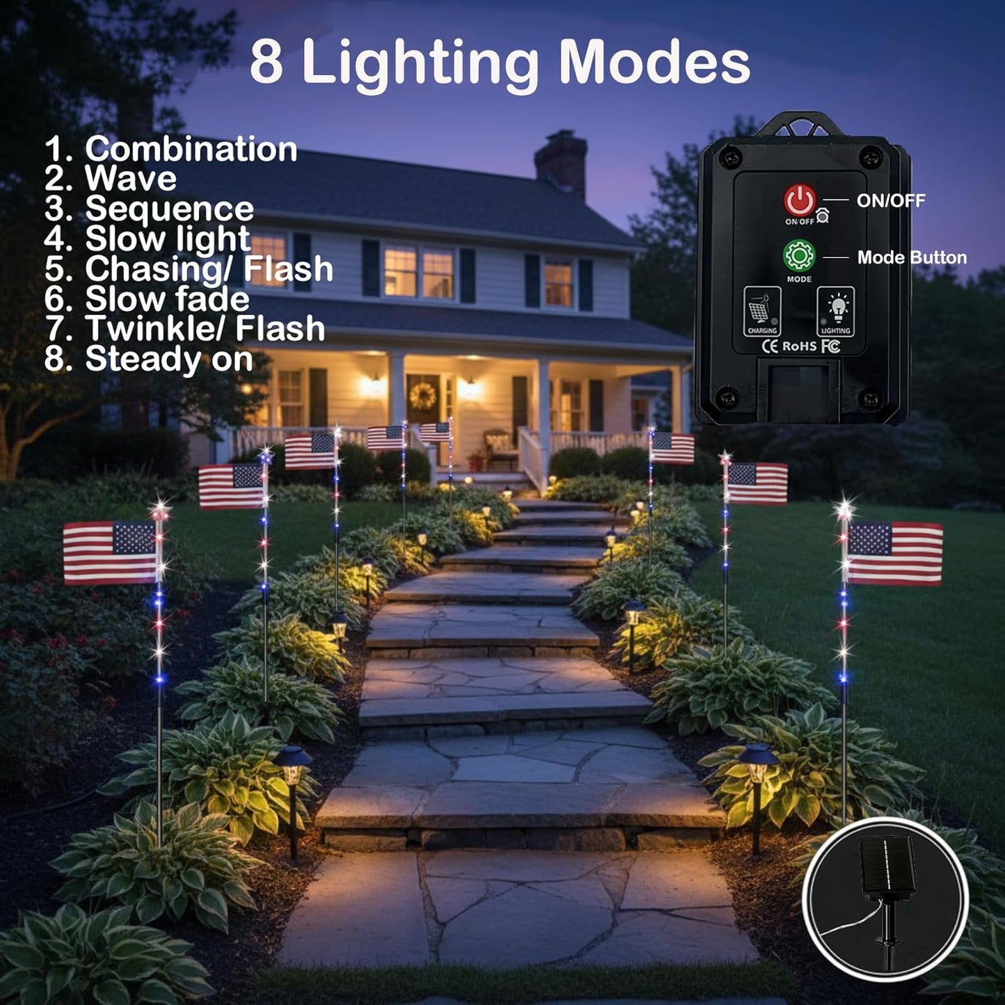 Solar American Flag Pathway Lights – Red, White & Blue Outdoor Garden Stake Lights (Set of 8)
