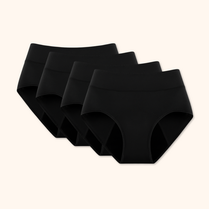 Four black high-rise underwear briefs with dark inner panels