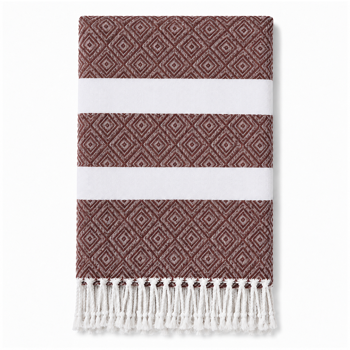 Folded brown geometric stripe towel with white tassels