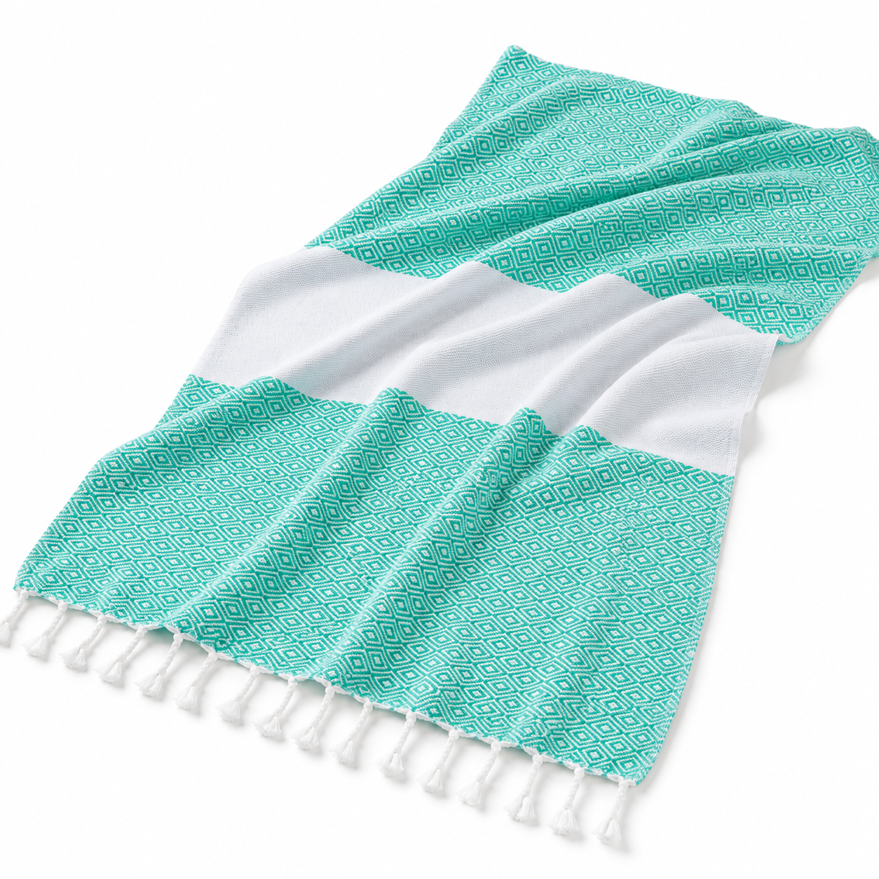 Turquoise striped hammam towel spread on a white background