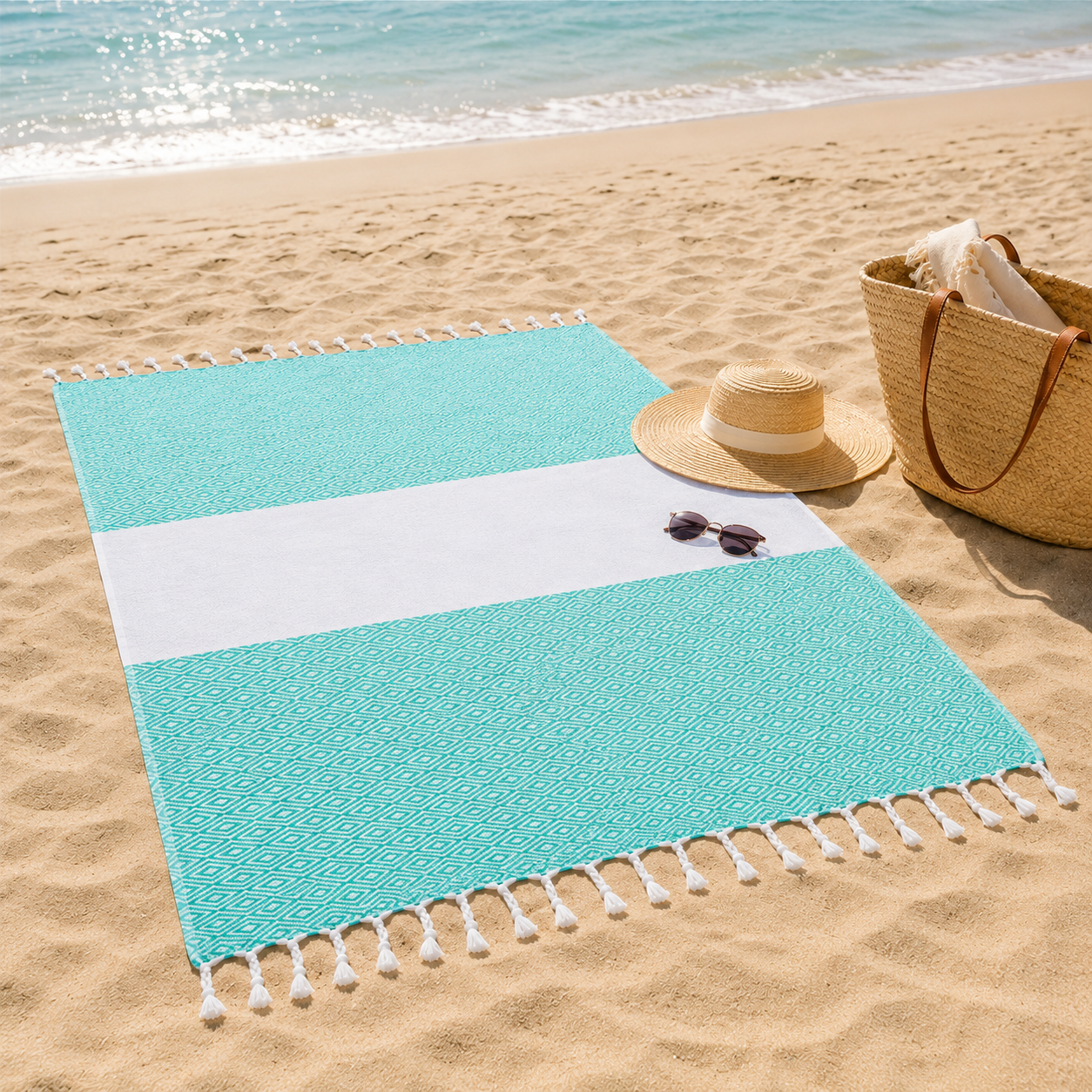 Turquoise striped towel laid flat on beach sand