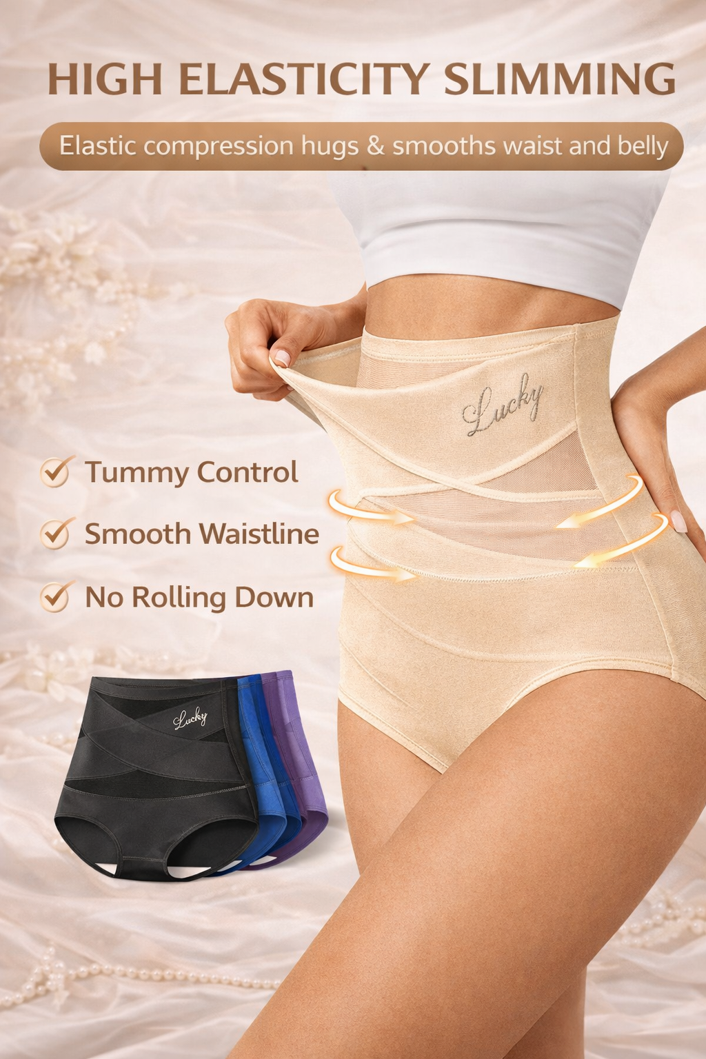 Model stretching the waistband of beige high-waist briefs