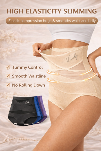 Model stretching the waistband of beige high-waist briefs