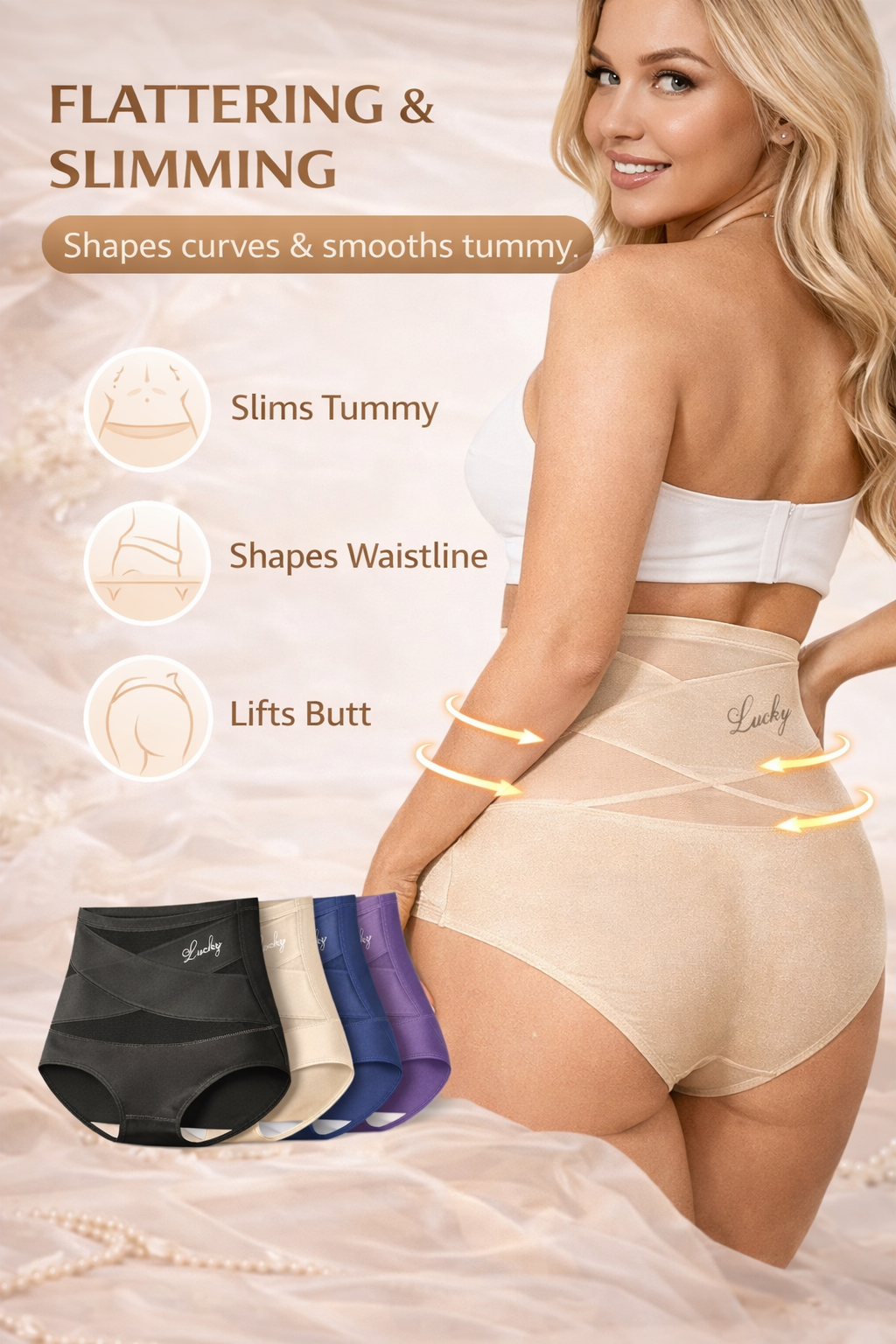 Rear view of model wearing beige full-coverage high-waist briefs