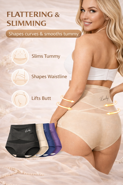 Rear view of model wearing beige full-coverage high-waist briefs