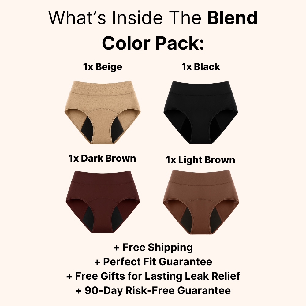 Blend color four-pack layout with beige, black, light brown, and dark brown briefs