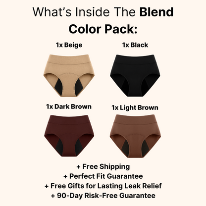 Blend color four-pack layout with beige, black, light brown, and dark brown briefs