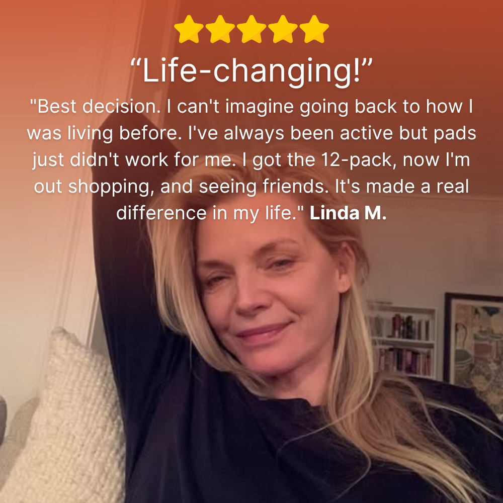 Woman selfie beside a customer review quote