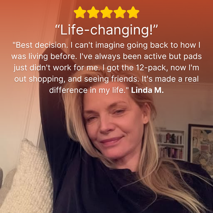 Woman selfie beside a customer review quote