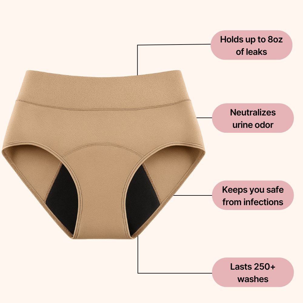 Beige high-rise underwear brief with dark inner panel and feature callouts