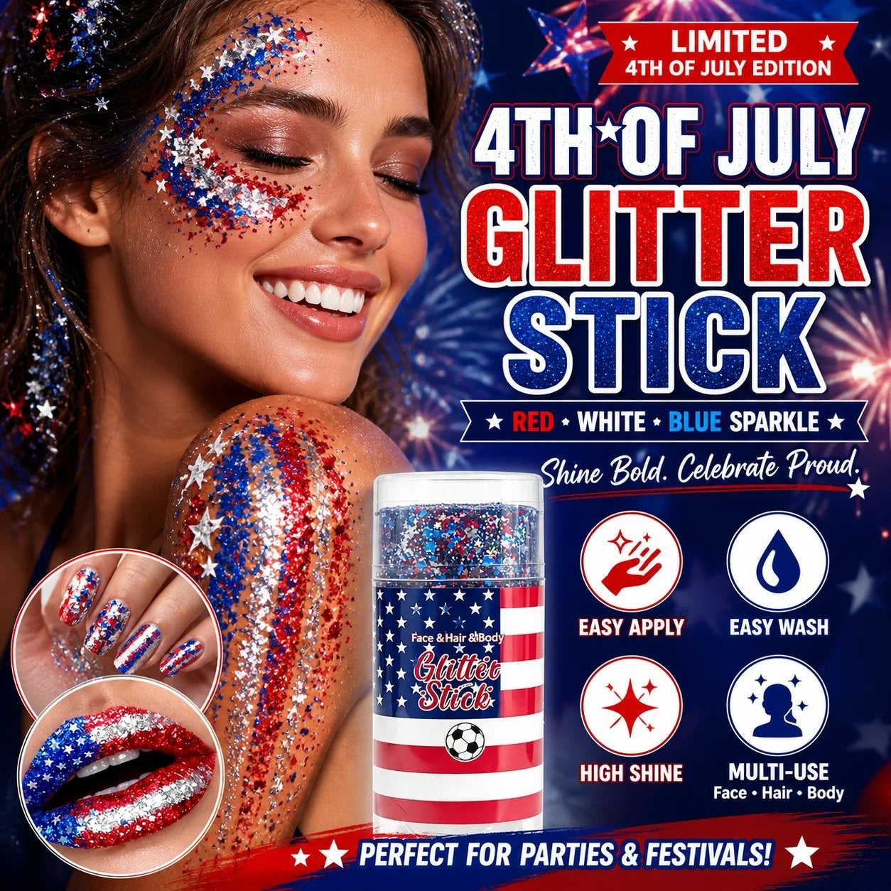 4th of July Glitter Stick – Red, White & Blue Body and Hair Sparkle Makeup