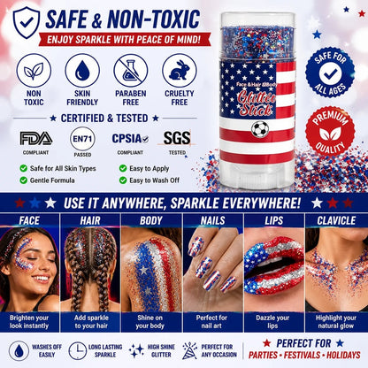 4th of July Glitter Stick – Red, White & Blue Body and Hair Sparkle Makeup