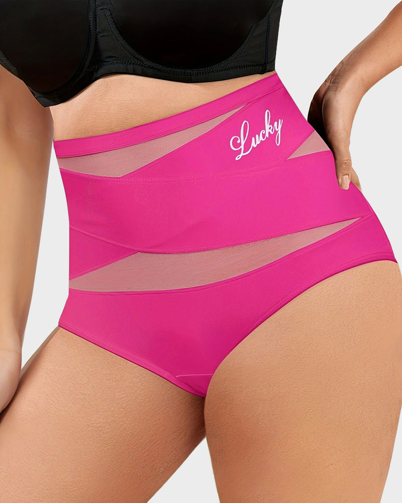 Model wearing rose red cross-panel high-waist briefs, angled front view
