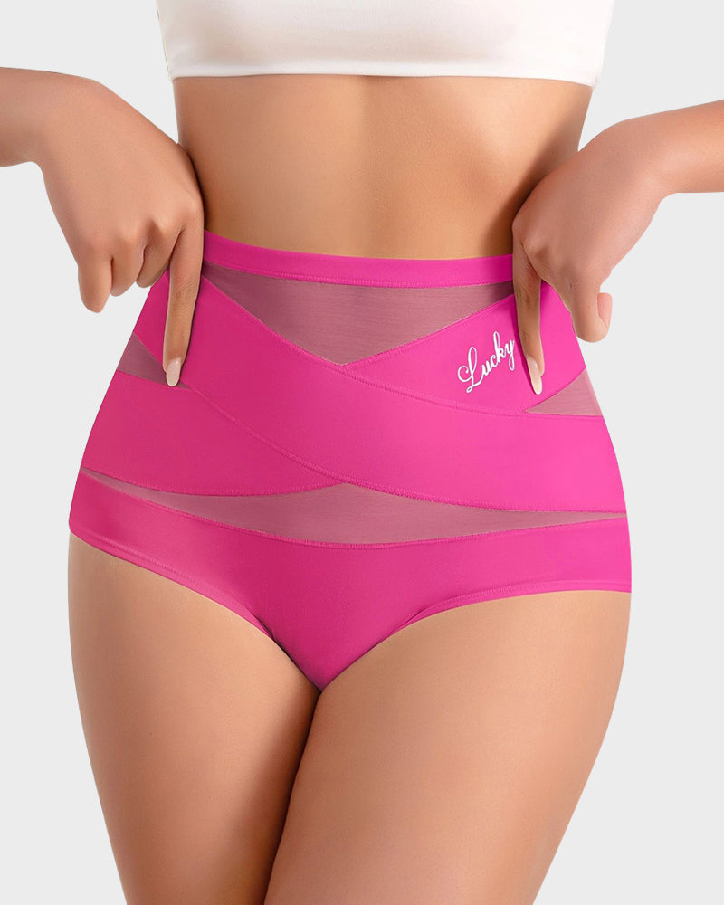 Front view of model stretching rose red high-waist briefs waistband