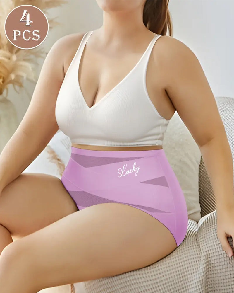 Seated model wearing light purple high-waist briefs
