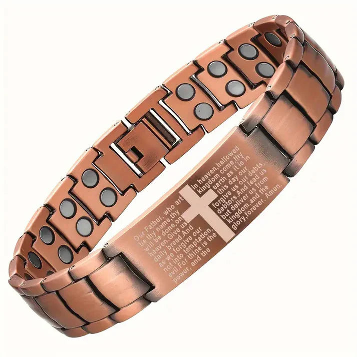 Copper-tone link bracelet with cross engraving and inner magnets