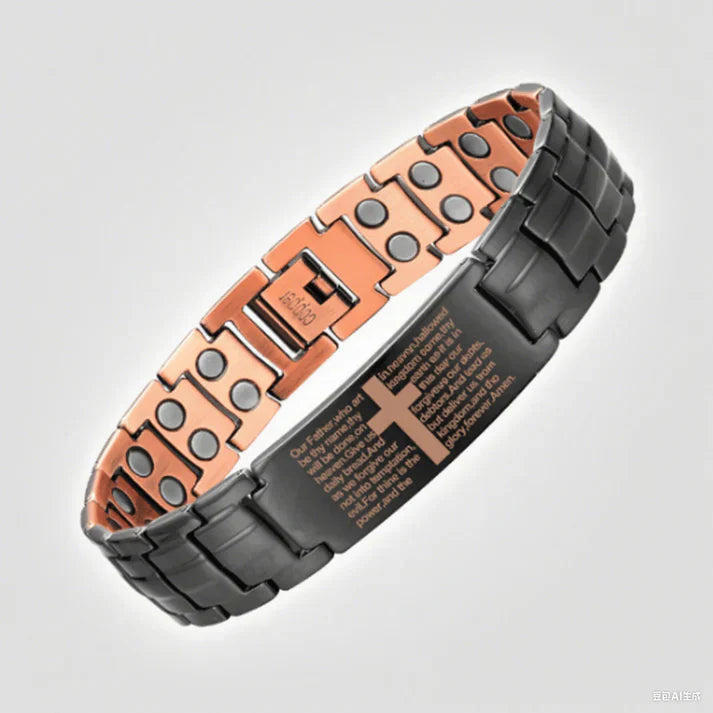 Dark link bracelet with cross engraving and copper-tone magnetic interior